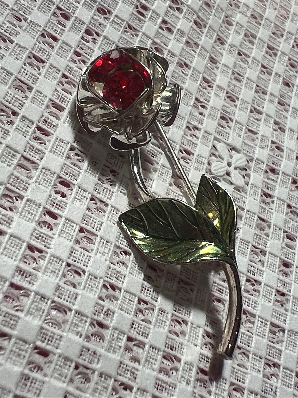 Avon Silver-Tone Rose Brooch with Red Crystal and Green Enamel Leaves